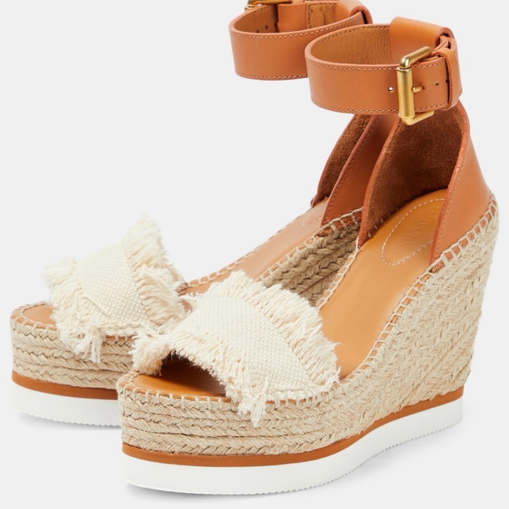 See By Chloe Tan Leather and Cream Frayed Espadrille Wedge Sandals with box